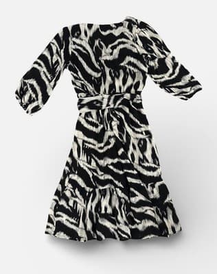 Luxology Dress Womens Small Black White Belted Tiered Boho Midi Puff NEW Animal - Thumbnail 4