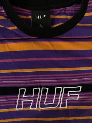 Y2K Huf Striped Multi-Color Mens Large Embroidered Multicolor T-Shirt Purple - Thumbnail 2