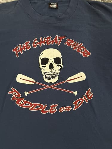 Vintage 90s Paddle or Die Skull Faded T Shirt Large Single Stitch Cheat River - Thumbnail 4