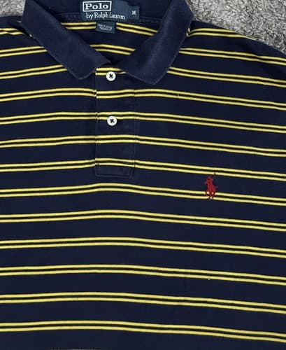 Polo Ralph Lauren Polo Shirt Mens XL Navy Blue Yellow Stripes Pony Cotton - Thumbnail 4