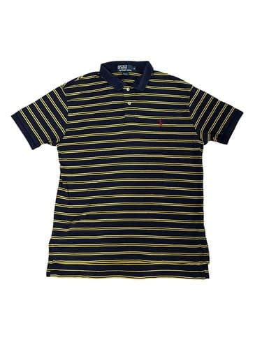 Polo Ralph Lauren Polo Shirt Mens XL Navy Blue Yellow Stripes Pony Cotton - Thumbnail 2