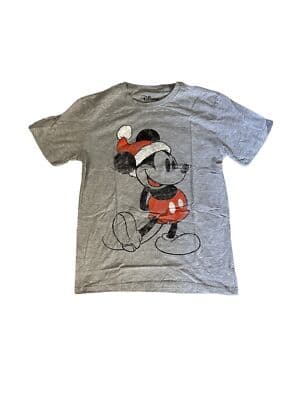 Disney Distressed Two Sided Micky Mouse Santa Christmas T-Shirt Gray Mens Small