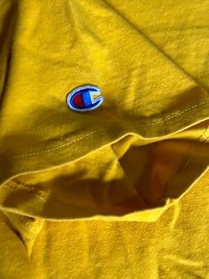 Mens Vintage 90s XL Champion Spellout Embroidered T-Shirt Yellow - Thumbnail 6