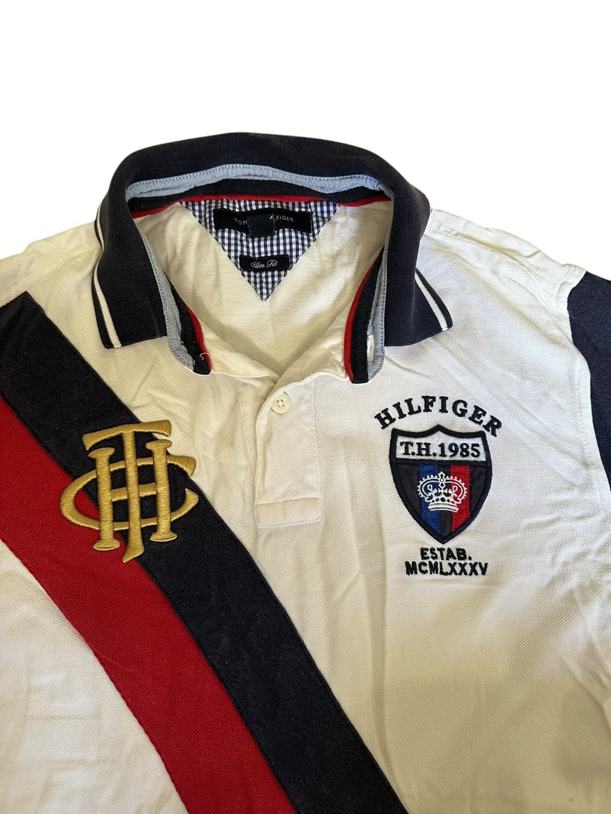 VINTAGE Tommy Hilfiger Shirt Men's Slim fit M Polo Spellout Colorblock Rugby - Thumbnail 2