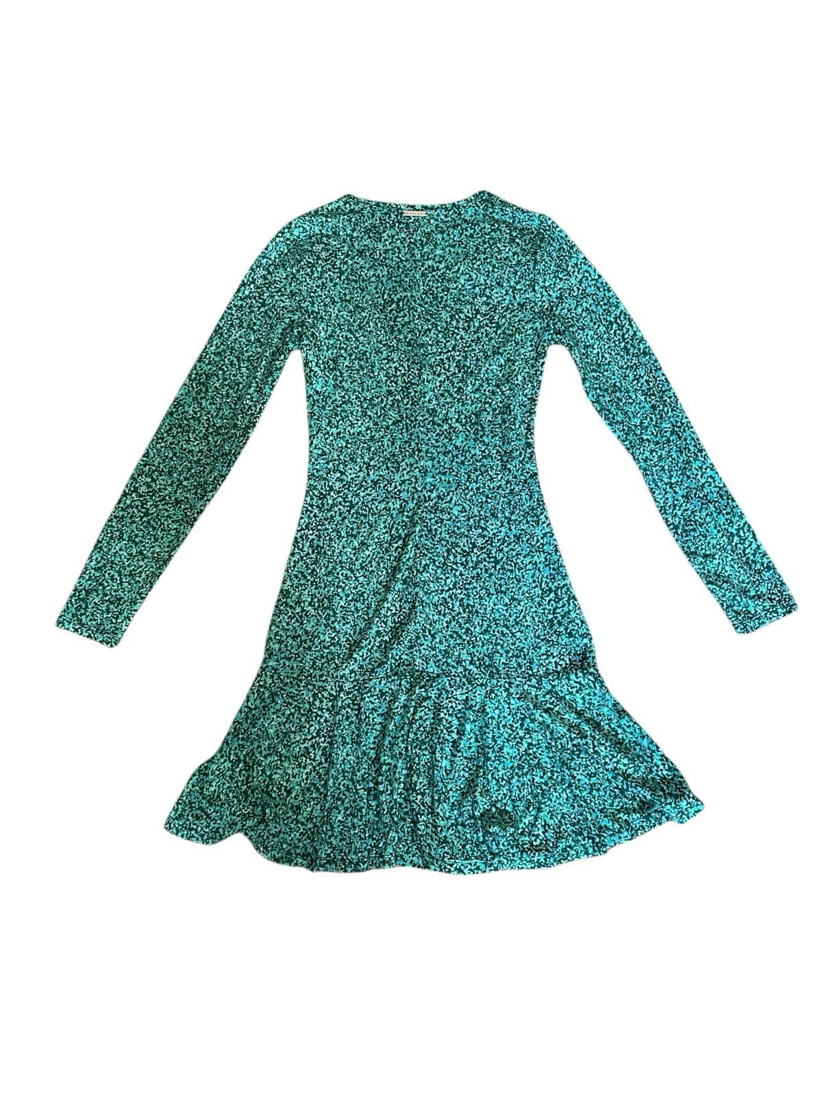 NWT MICHAEL KORS Rain Print Flare Jersey Dress Pepper Green XS Stretchy - Thumbnail 3