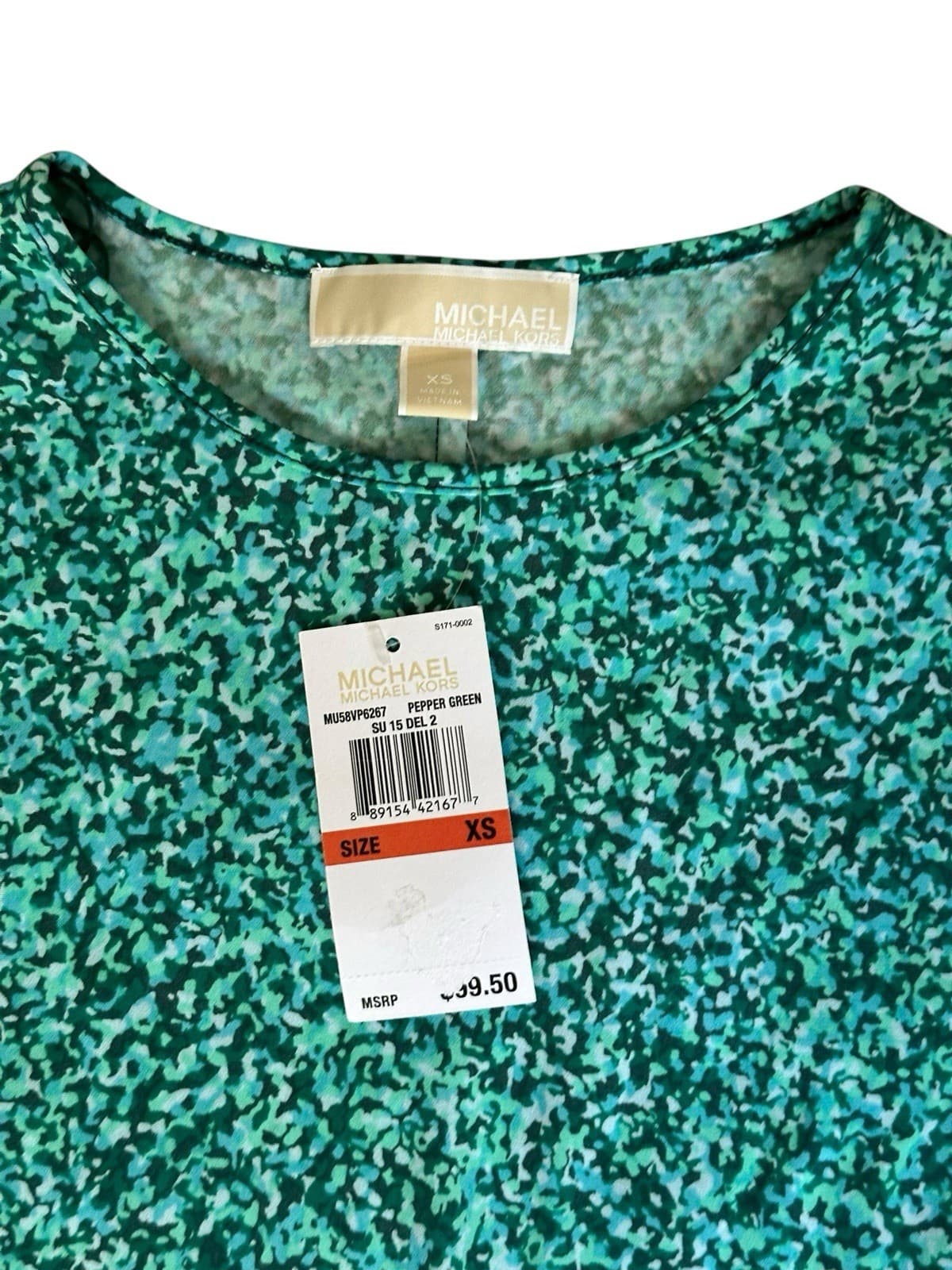 NWT MICHAEL KORS Rain Print Flare Jersey Dress Pepper Green XS Stretchy - Thumbnail 2