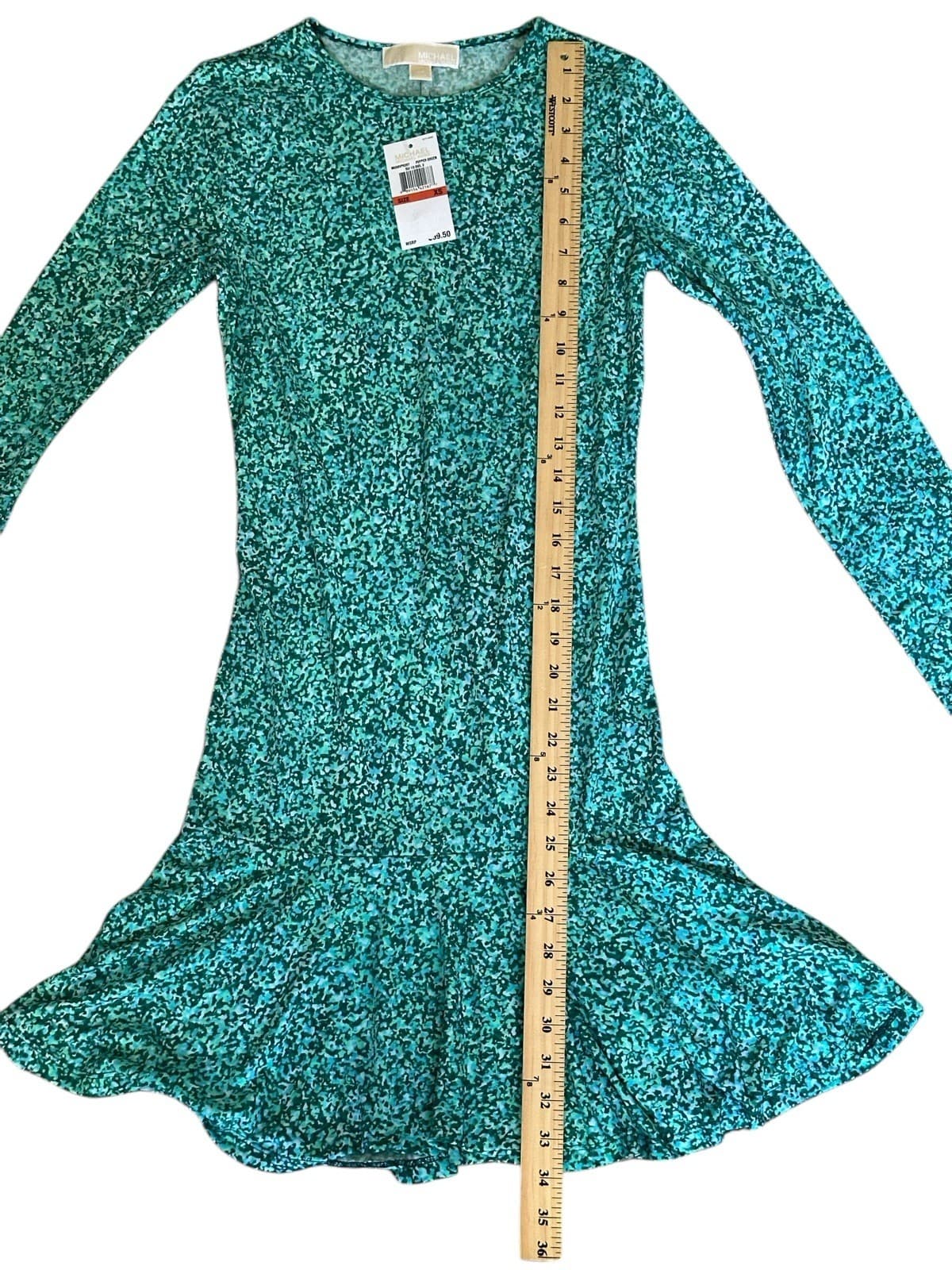 NWT MICHAEL KORS Rain Print Flare Jersey Dress Pepper Green XS Stretchy - Thumbnail 5
