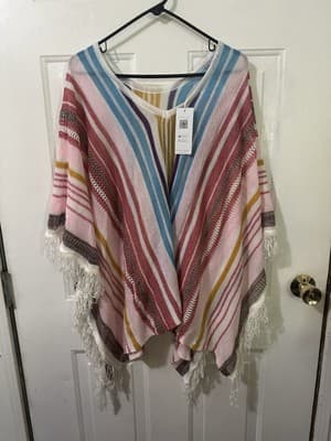 Cupshe Womens Rainbow Stripe Poncho Sweater One Size Beach Cover Up Fringe Boho - Thumbnail 4