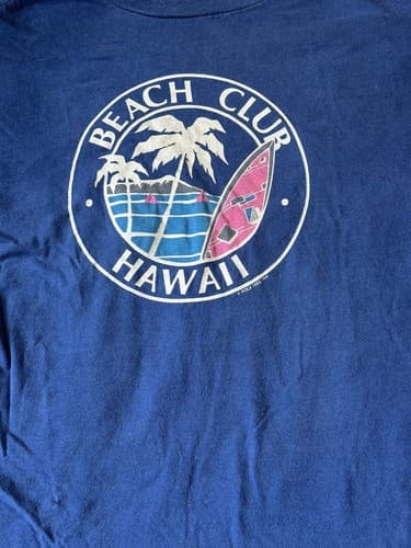 Vtg 1986 Beach Club Hawaii T-Shirt Blue Poly Tees Surfboard Palm Trees Single St - Thumbnail 2
