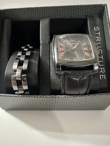 MEN'S STRUCTURE ANALOG QUARTZ WATCH BLACK STRAP RECTANGLE DIAL Needs Battery - Thumbnail 3