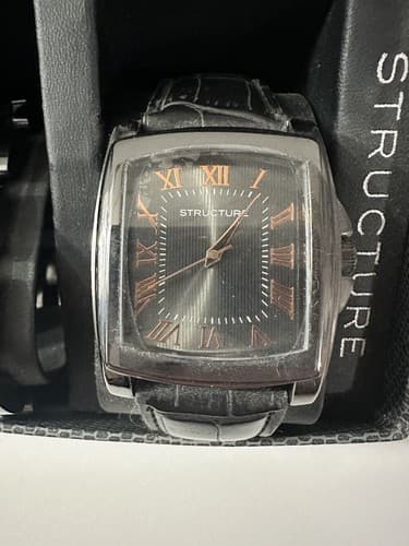 MEN'S STRUCTURE ANALOG QUARTZ WATCH BLACK STRAP RECTANGLE DIAL Needs Battery - Thumbnail 2