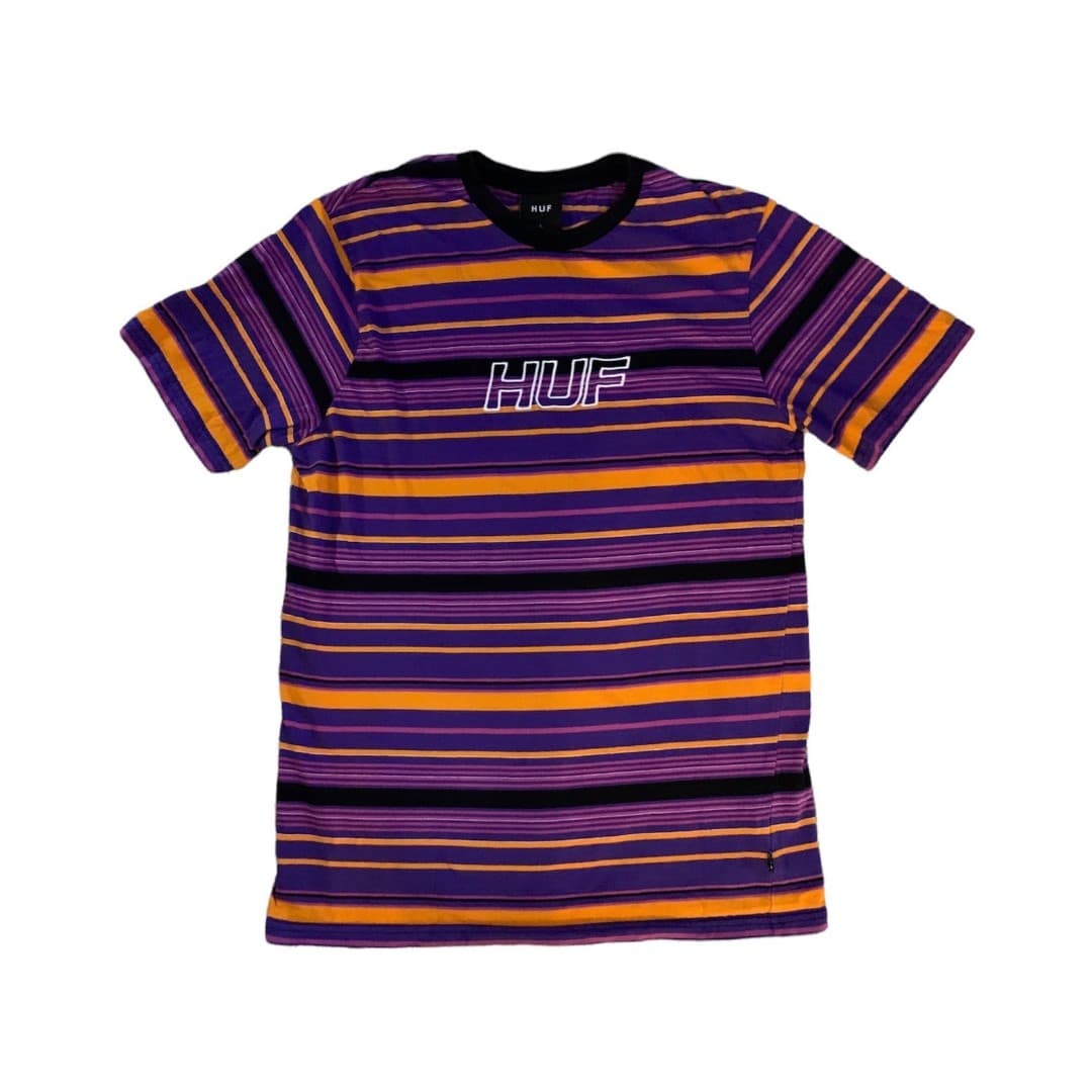 Y2K Huf Striped Multi-Color Mens Large Embroidered Multicolor T-Shirt Purple