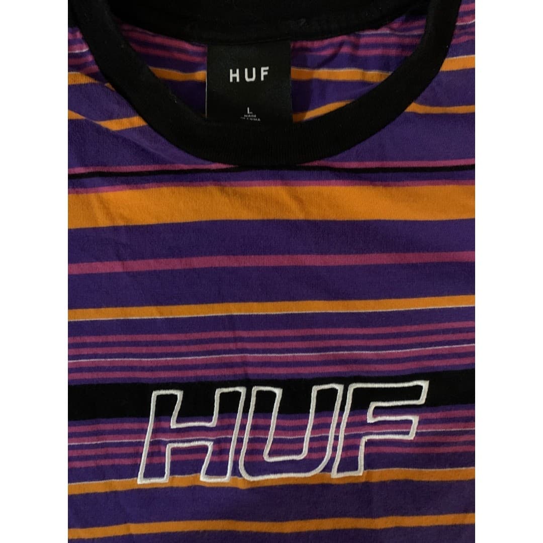 Y2K Huf Striped Multi-Color Mens Large Embroidered Multicolor T-Shirt Purple - Thumbnail 2