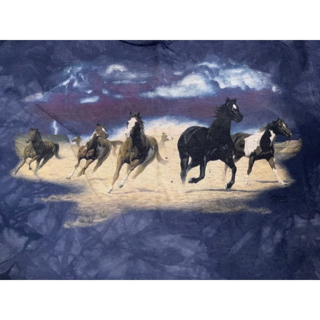 VIntage 90s The Mountain Wild Horses T-Shirt Mens XL Blue Tie Dye USA Stampede - Thumbnail 2