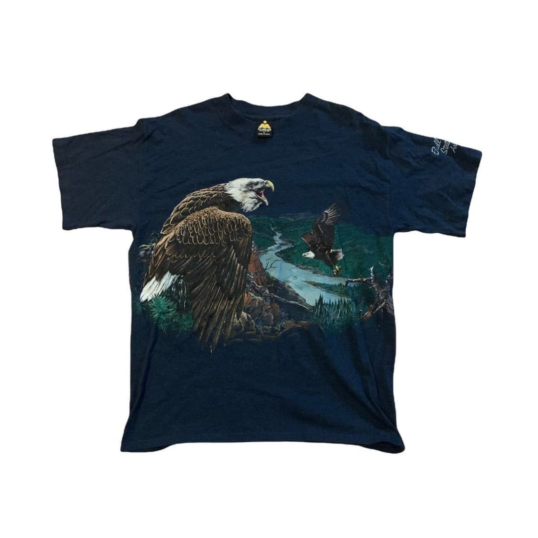 Vintage All Over Print Single Stitch Shirt American Bald Eagle Animal L AOP