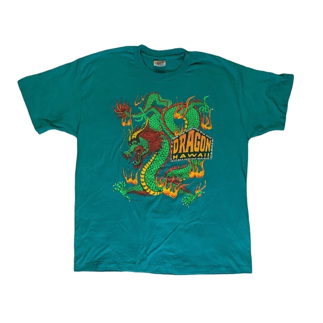 Vintage Single Stitch Dragon Hawaii Green T-Shirt Mens XL 90s