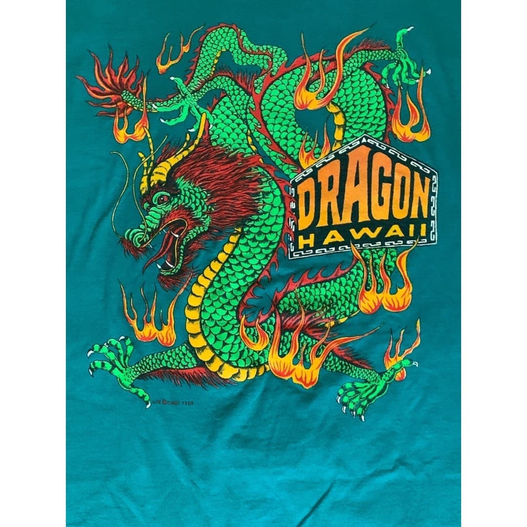Vintage Single Stitch Dragon Hawaii Green T-Shirt Mens XL 90s - Thumbnail 2