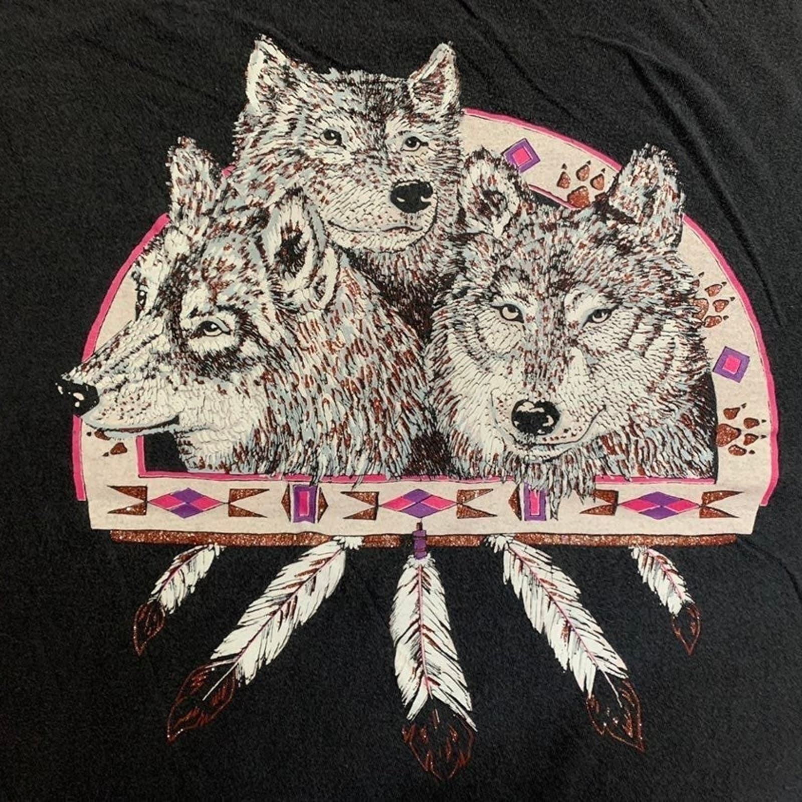 VTG Diamond Dust Sparkly 3 Wolf Tribal T-Shirt XXL