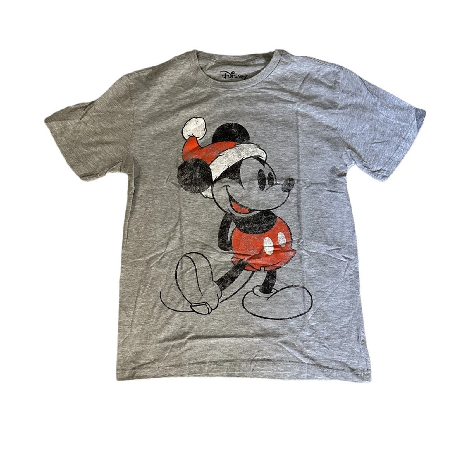 Disney Distressed Two Sided Micky Mouse Santa Christmas T-Shirt Gray Mens Small