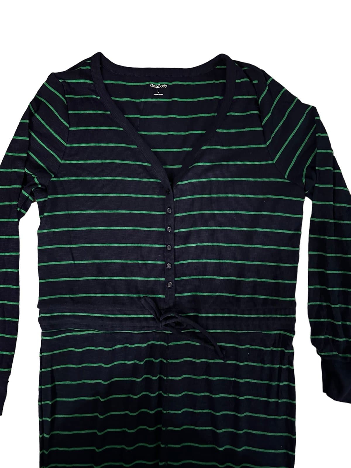 Gap Body Pajamas Womens Large Blue Green Stripe One Piece Jumpsuit Sleepwear - Thumbnail 2