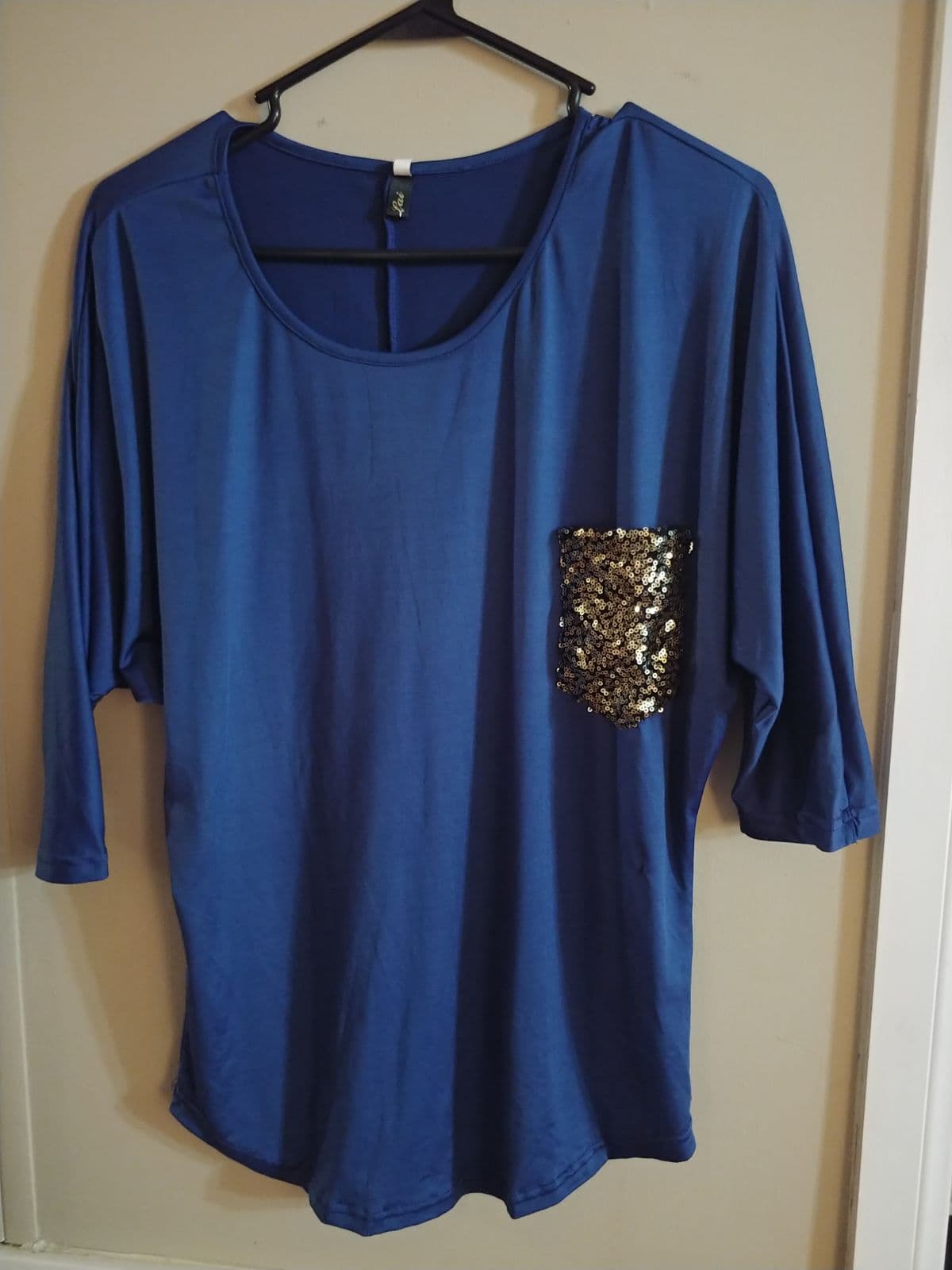 Royal Blue 3/4 Sleeve Sequin Pocket Top - Thumbnail 2