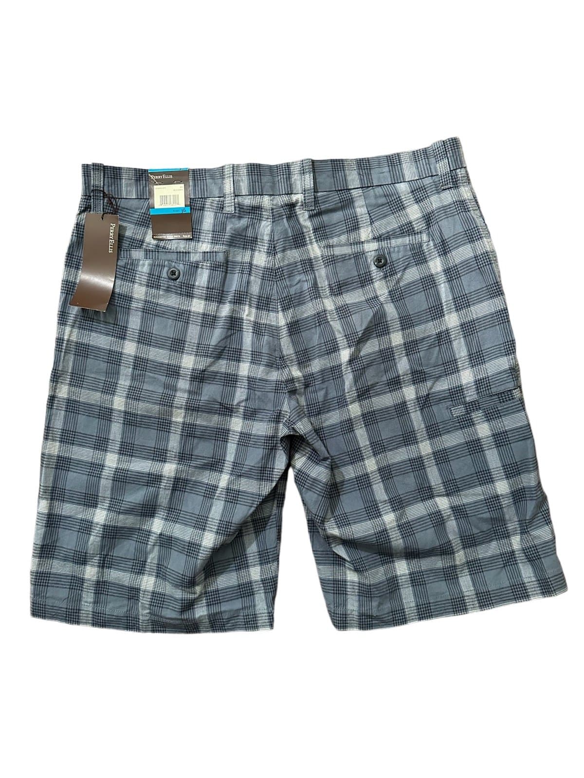 PERRY ELLIS SHORTS MENS 36W BLUE Marine PLAID - Thumbnail 2