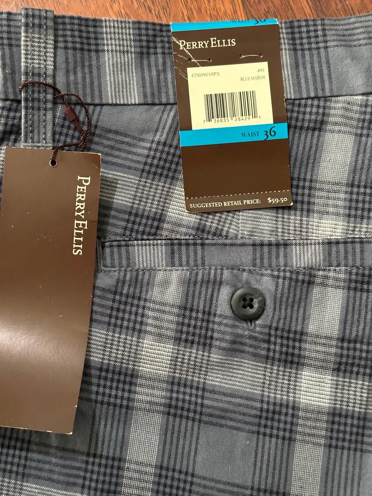 PERRY ELLIS SHORTS MENS 36W BLUE Marine PLAID - Thumbnail 4