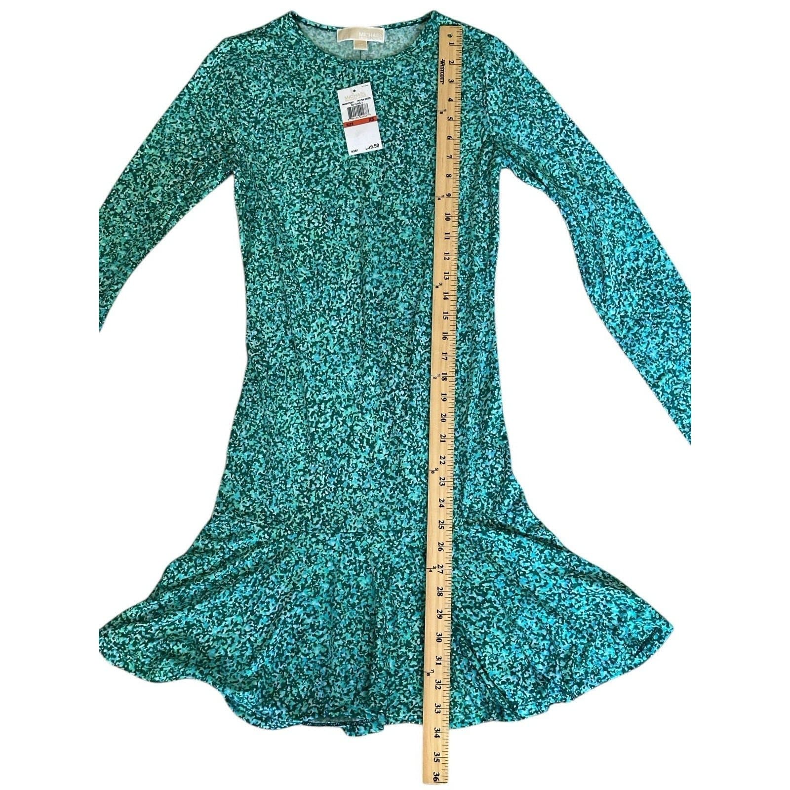 NWT $99.50 MICHAEL KORS Rain Print Flare Jersey Dress Pepper Green XS Easter - Thumbnail 5