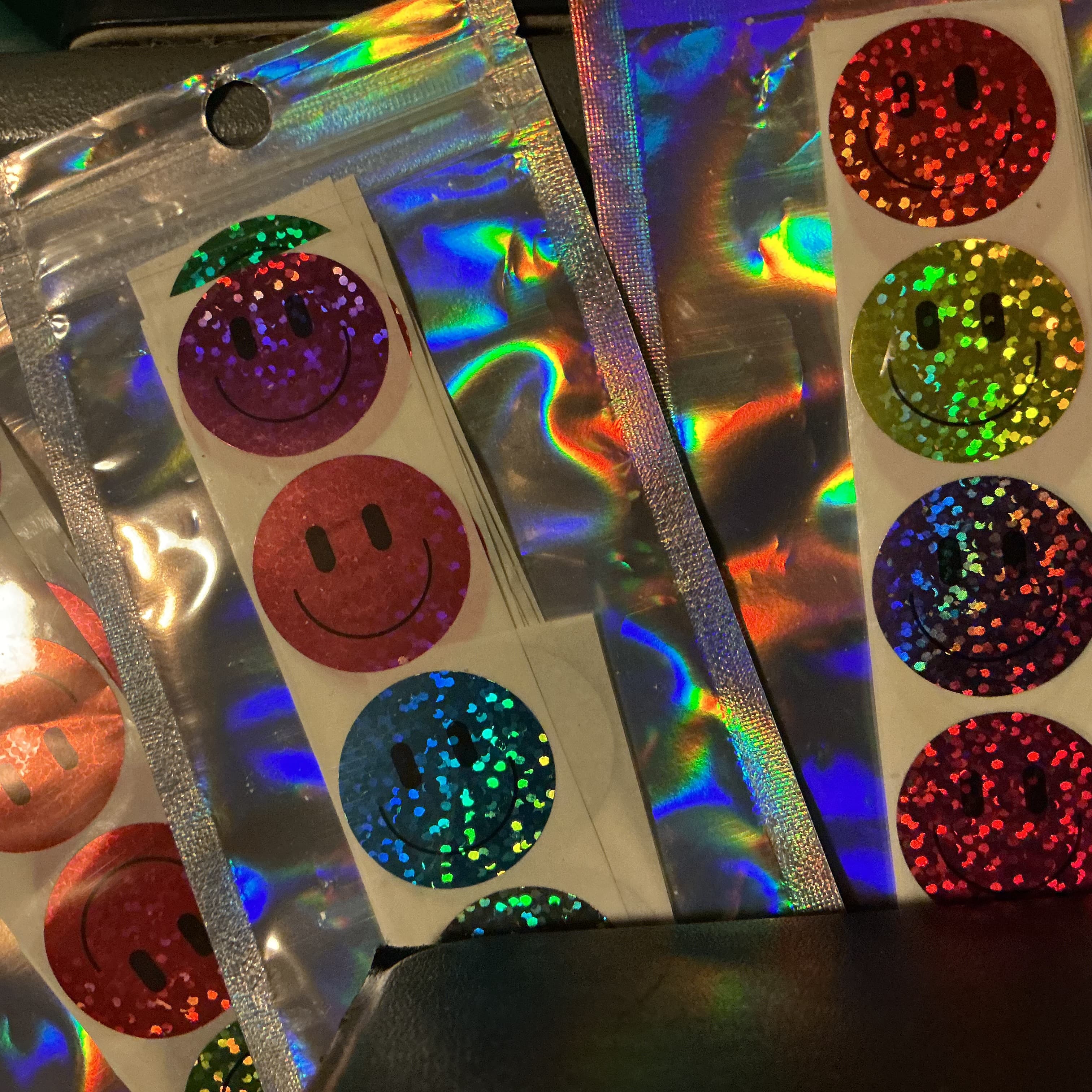 ★ 70 Glitter Smiley Face Stickers | Colorful Holographic Reward & Envelope Seals