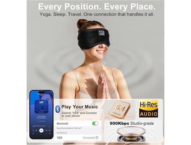 TOPOINT Bluetooth Sleep Mask Headphones, 3D Total Blackout Design, Black - Thumbnail 5