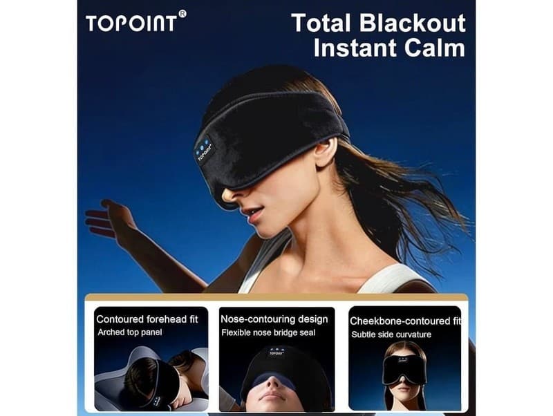 TOPOINT Bluetooth Sleep Mask Headphones, 3D Total Blackout Design, Black - Thumbnail 2
