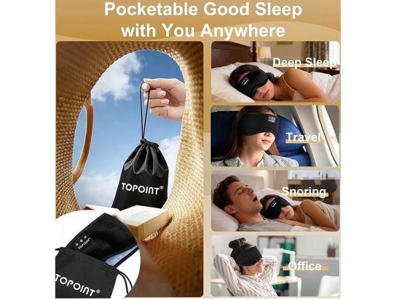 TOPOINT Bluetooth Sleep Mask Headphones, 3D Total Blackout Design, Black - Thumbnail 8