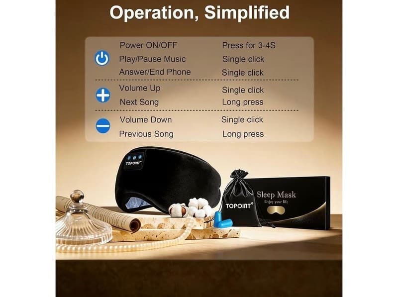 TOPOINT Bluetooth Sleep Mask Headphones, 3D Total Blackout Design, Black - Thumbnail 9