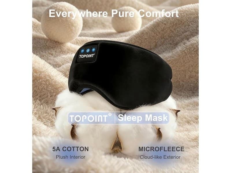 TOPOINT Bluetooth Sleep Mask Headphones, 3D Total Blackout Design, Black - Thumbnail 3