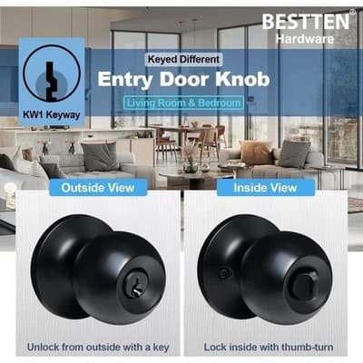 BESTTEN 3-Pack Keyed Entry Door Knobs, Matte Black Standard Ball Locks, Keyed Di - Thumbnail 4