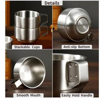 Stainless Steel Coffee Mug Set – 2 Stackable 250ml Cups with Spoons, Anti-Slip B - Thumbnail 3