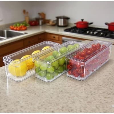 Pure Future 3 Pack Stackable Fridge Organizer Bins with Lids and Removable Drain - Thumbnail 2