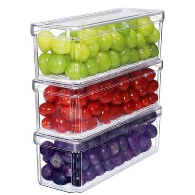 Pure Future 3 Pack Stackable Fridge Organizer Bins with Lids and Removable Drain
