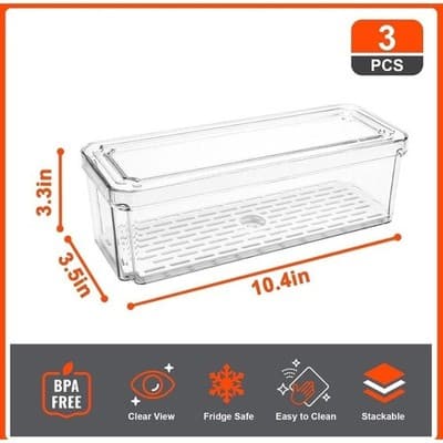 Pure Future 3 Pack Stackable Fridge Organizer Bins with Lids and Removable Drain - Thumbnail 3
