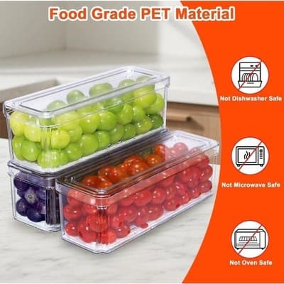 Pure Future 3 Pack Stackable Fridge Organizer Bins with Lids and Removable Drain - Thumbnail 6