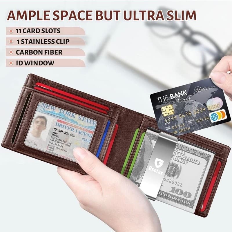 GSOIAX Men's Slim RFID Blocking Leather Wallet with Removable Money Clip and 11 - Thumbnail 3