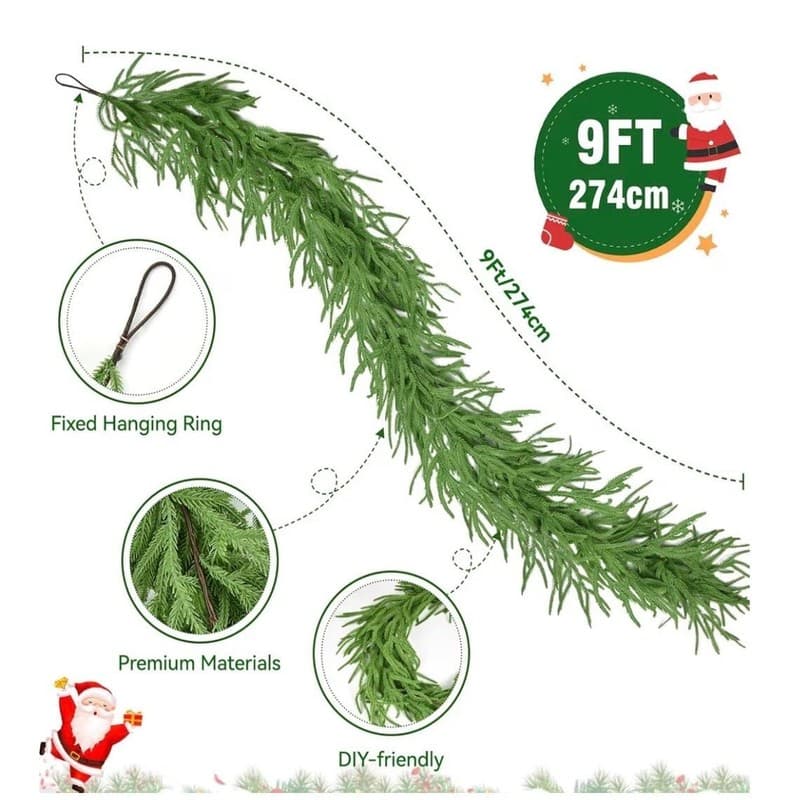 9FT Real Touch Norfolk Pine Artificial Christmas Garland with Hanging Ring - Thumbnail 3