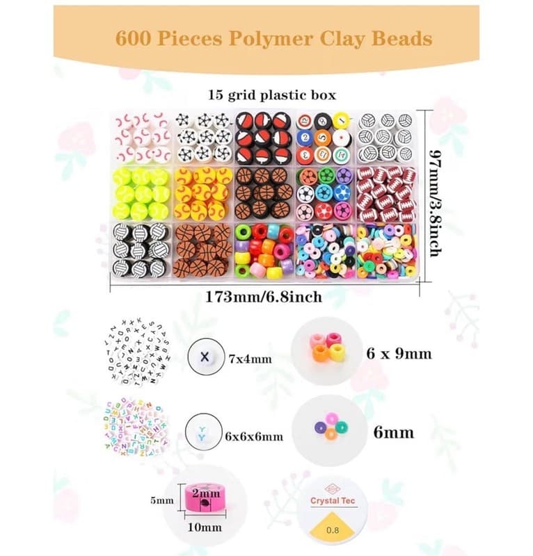 600 Pieces Sports Ball Polymer Clay Beads Kit with Alphabet Beads and Crystal St - Thumbnail 3