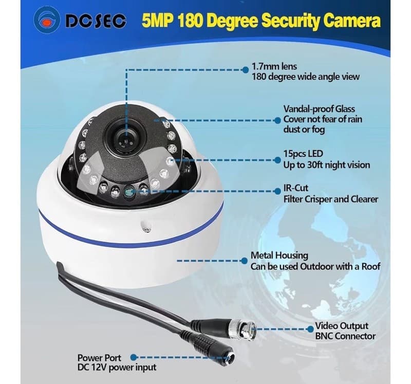 DCSEC 5MP 180 Degree Wide Angle 4-in-1 Analog HD Dome Security Camera - Thumbnail 3