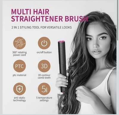 Auraviva Hair Straightener Brush 2-in-1 Straightening Comb 5 Temp Dual Voltage - Thumbnail 2