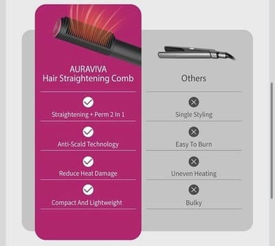 Auraviva Hair Straightener Brush 2-in-1 Straightening Comb 5 Temp Dual Voltage - Thumbnail 5