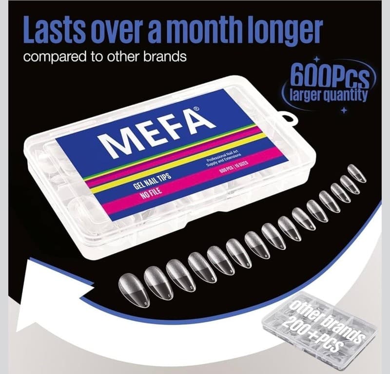 MEFA 600 Pieces Short Almond Soft Gel Nail Tips 15 Sizes - Thumbnail 8