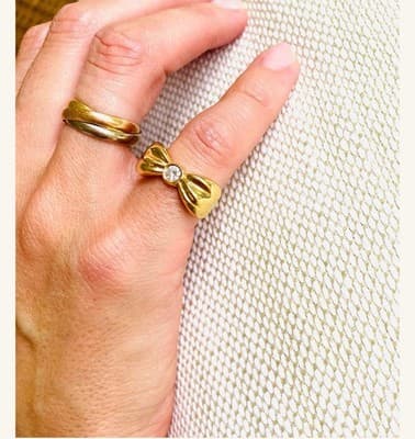 Gold Bow Ring with Center CZ Stone – Fashion Statement Ring, Size 10 - Thumbnail 3