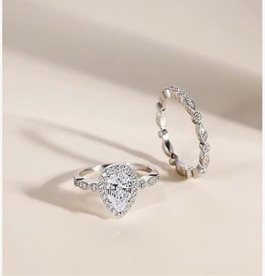 2-Piece Teardrop Halo Ring Set – Sizes 8 or 10 | Elegant Cubic Zirconia Bridal - Thumbnail 2