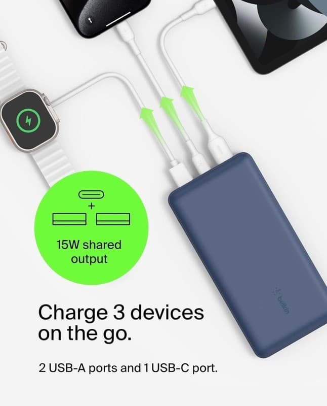 Belkin BoostCharge 20,000mAh Power Bank 15W with 3 Ports - Blue - Thumbnail 5
